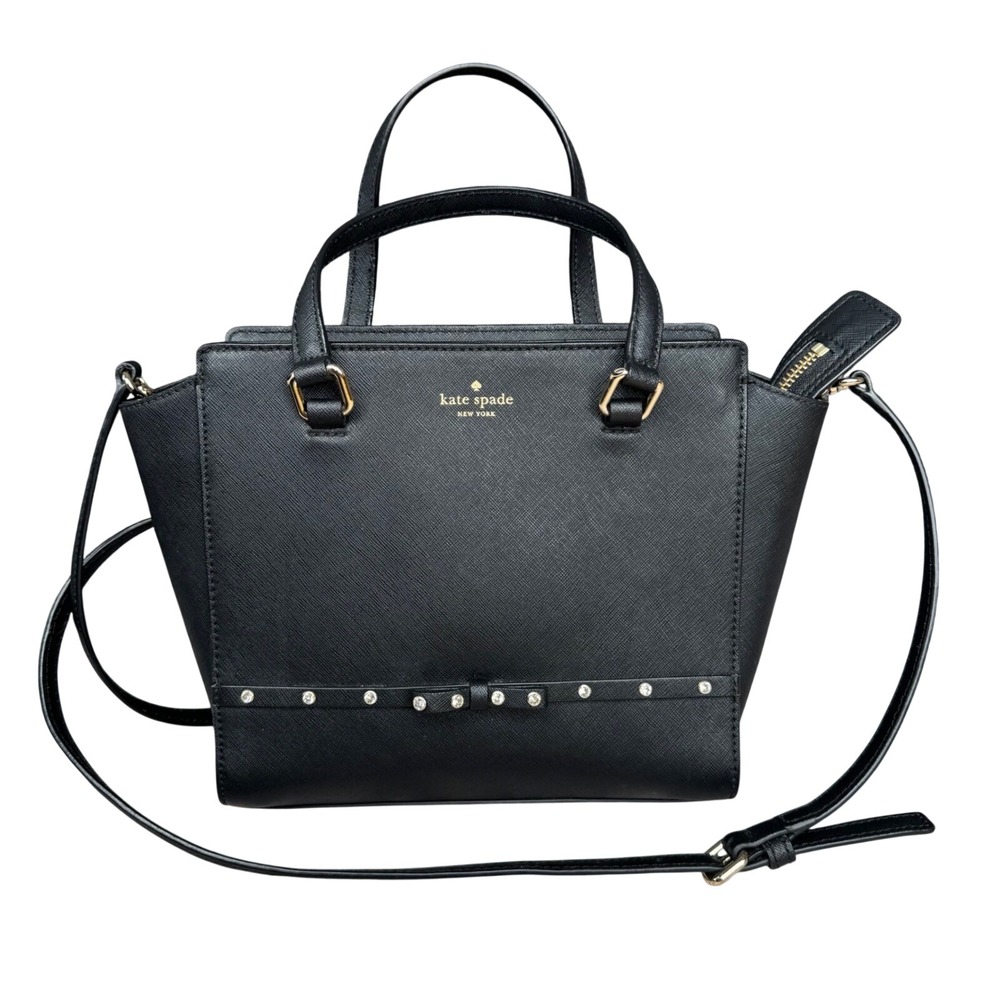 Kate Spade Black Saffiano Leather Laurel Way Jeweled Bow Small Hadlee 0102760